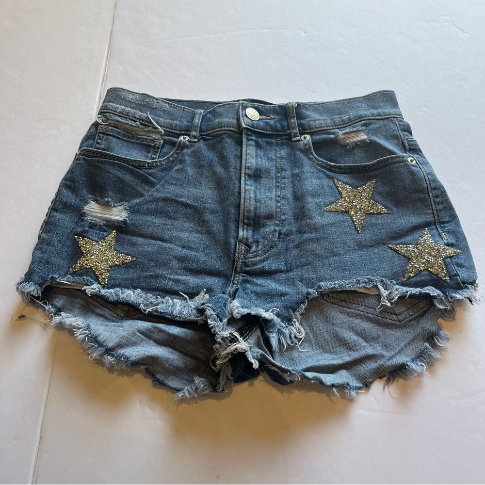 Express Women's Short Faded Blue Jean Shorts Extreme Hi Rise Size 4 Distressed